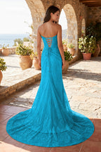 Lavender Lace Mermaid Evening Dress with Strapless Neckline and Slit