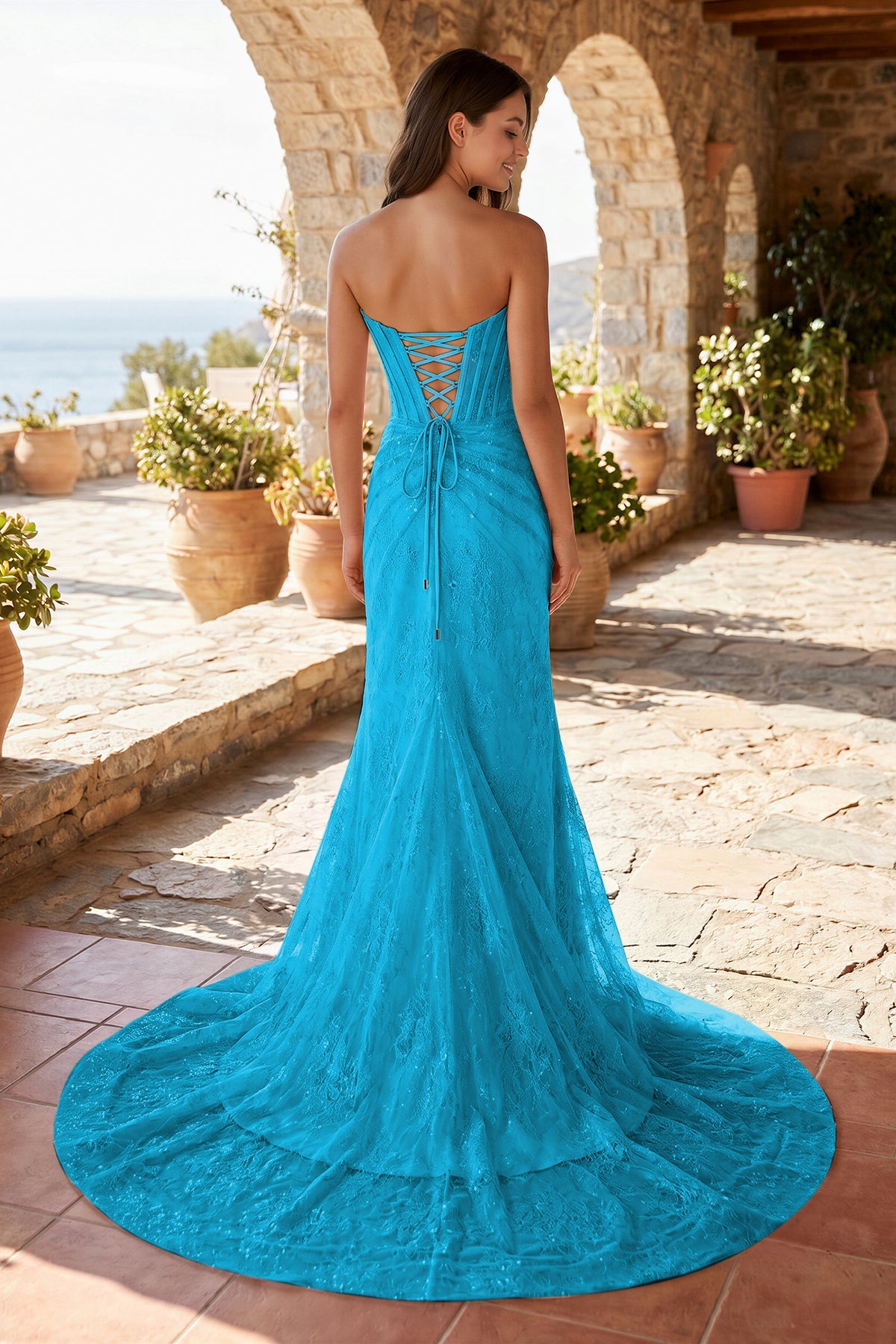 Lavender Lace Mermaid Evening Dress with Strapless Neckline and Slit