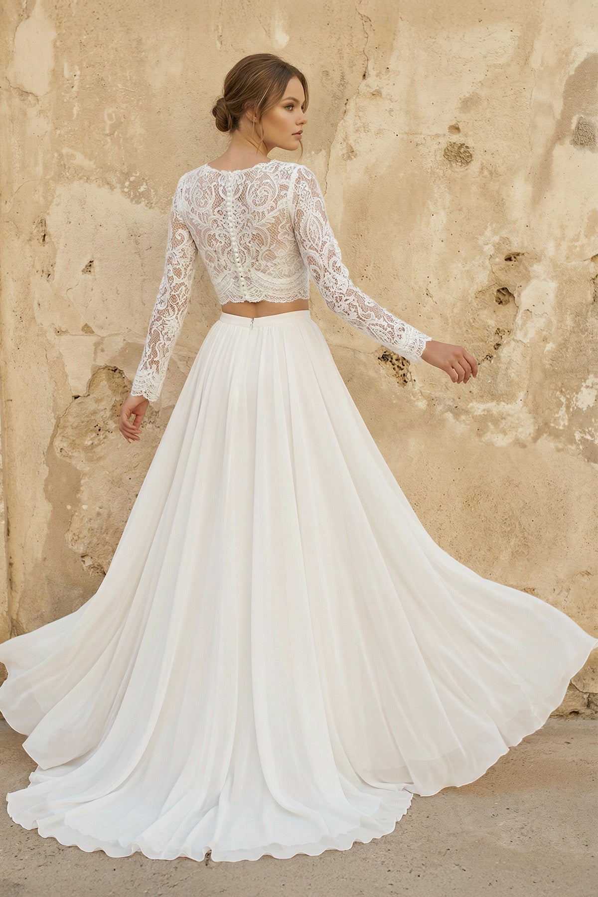 Diamond White Lace A-Line Wedding Dress with V-Neck Neckline and Sweep Train