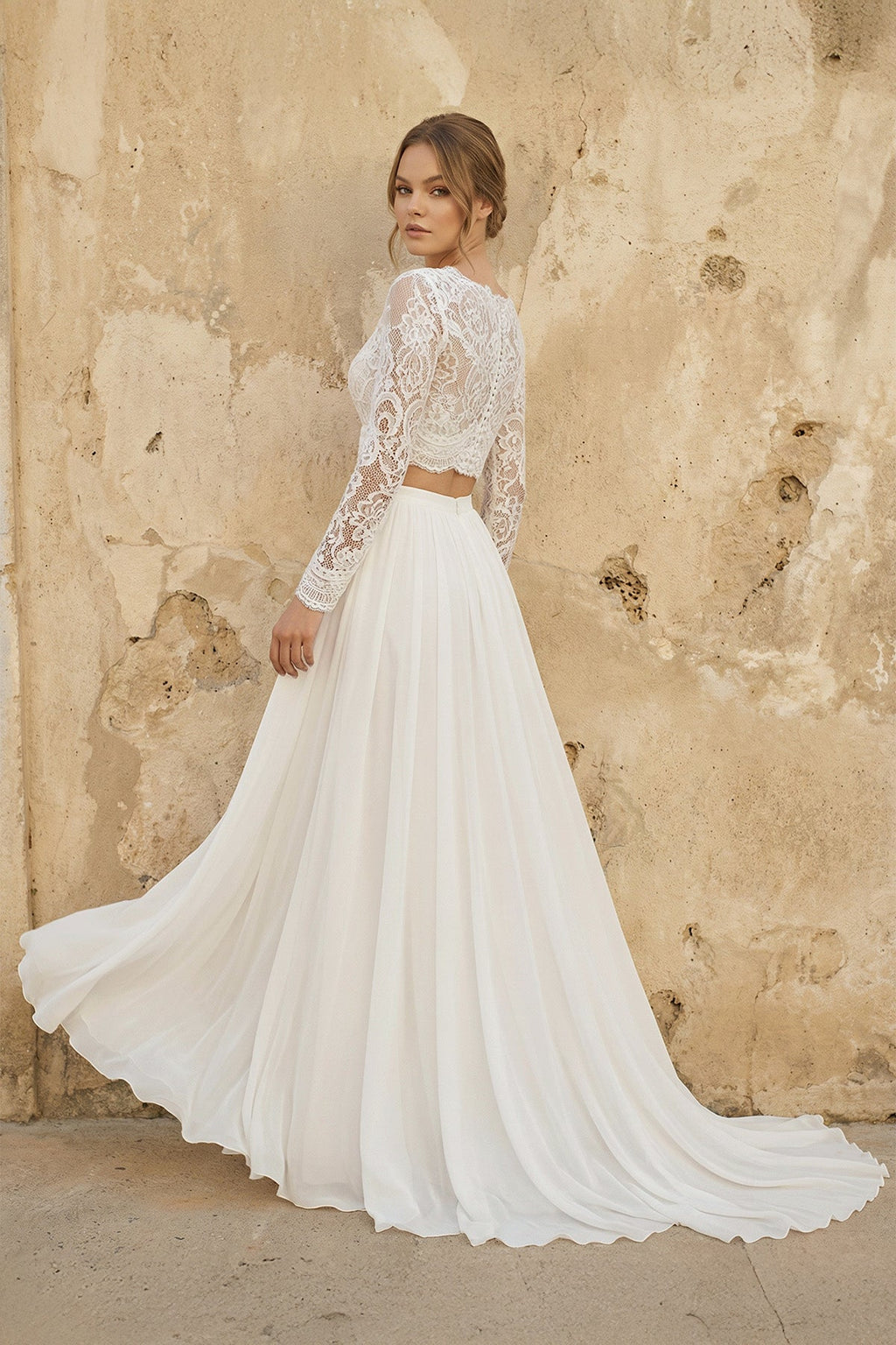 Diamond White Lace A-Line Wedding Dress with V-Neck Neckline and Sweep Train