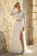 Diamond White Lace A-Line Wedding Dress with V-Neck Neckline and Sweep Train