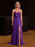 Fuchsia Chiffon A-Line Evening Dress with Sweetheart Neckline and Pleated Detail