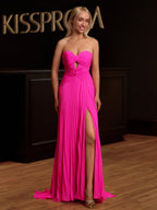 Fuchsia Chiffon A-Line Evening Dress with Sweetheart Neckline and Pleated Detail