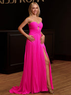 Fuchsia Chiffon A-Line Evening Dress with Sweetheart Neckline and Pleated Detail