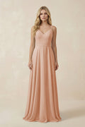 Champagne Chiffon A-Line Bridesmaid Dress with V-Neck Neckline
