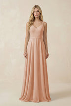 Champagne Chiffon A-Line Bridesmaid Dress with V-Neck Neckline