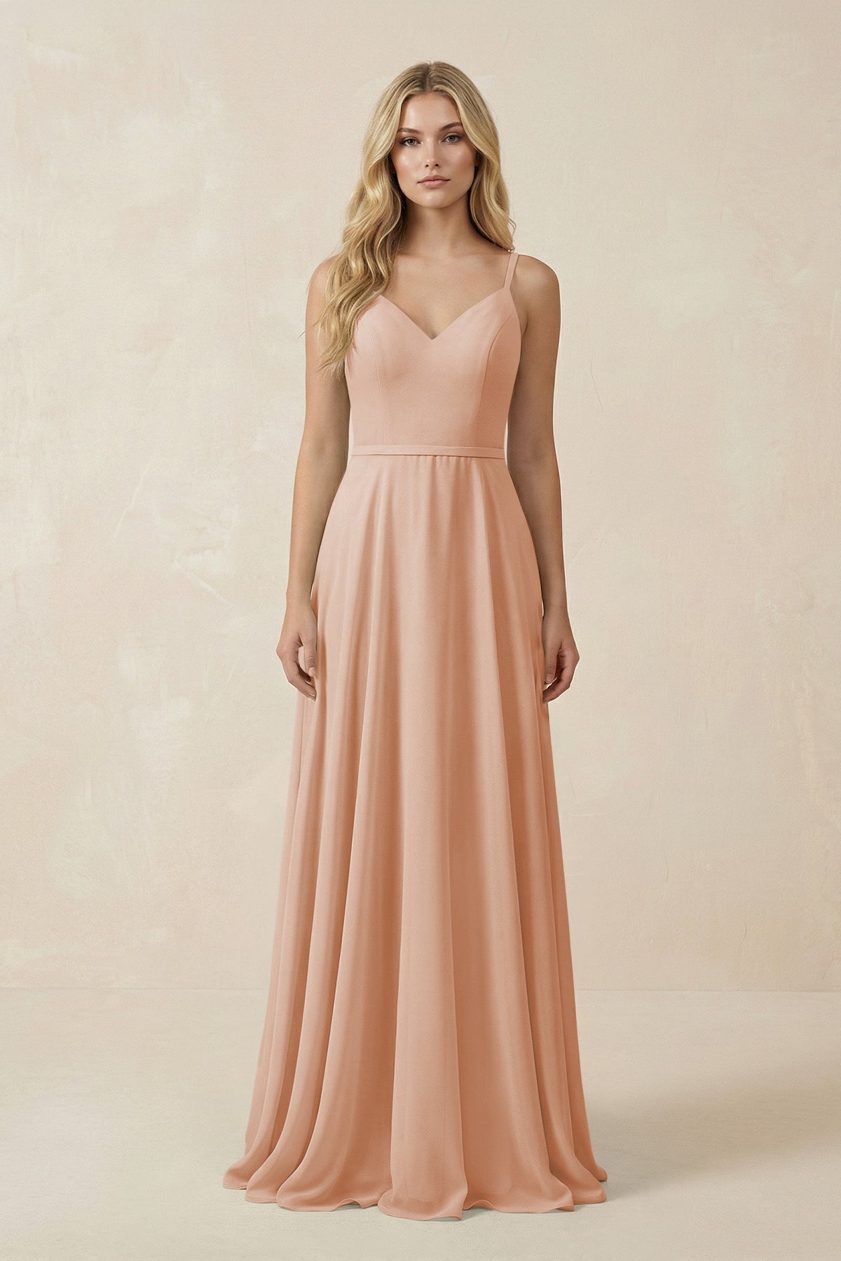 Champagne Chiffon A-Line Bridesmaid Dress with V-Neck Neckline