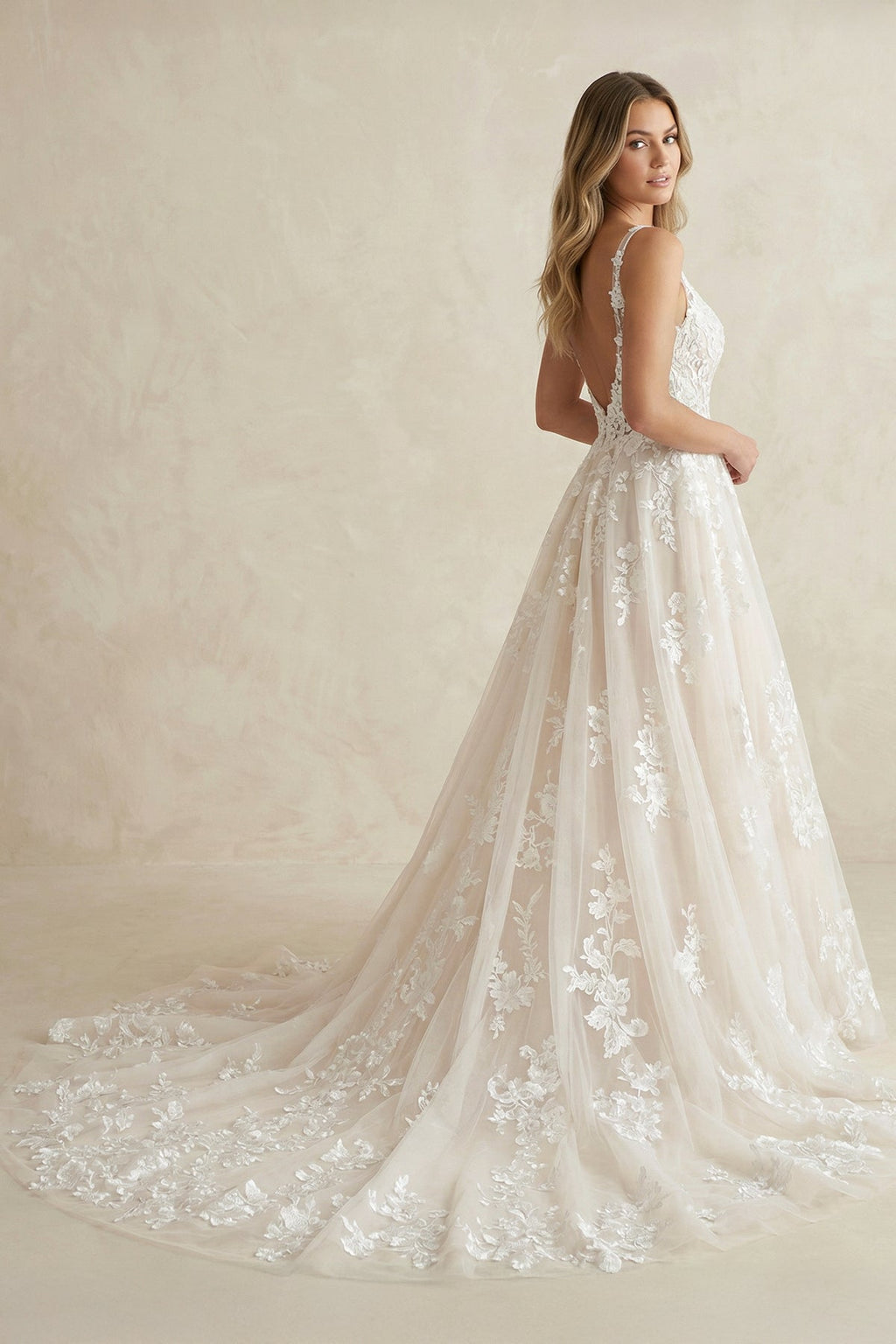 White Tulle A-Line Wedding Dress with V-Neck Neckline and Sweep Train