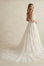 White Tulle A-Line Wedding Dress with V-Neck Neckline and Sweep Train