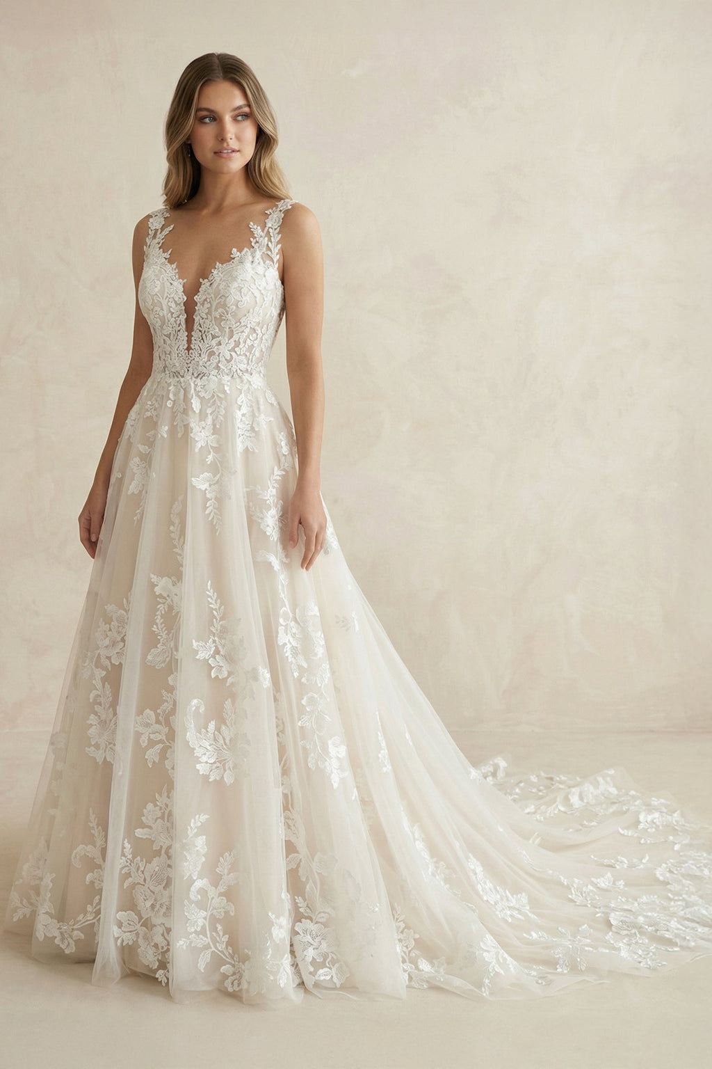 White Tulle A-Line Wedding Dress with V-Neck Neckline and Sweep Train