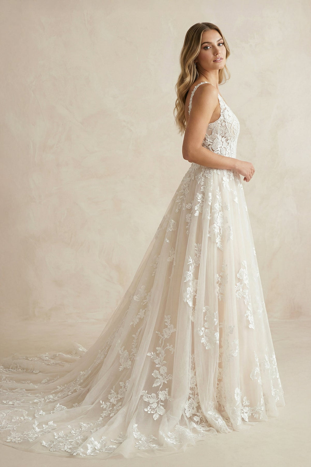 White Tulle A-Line Wedding Dress with V-Neck Neckline and Sweep Train