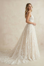 White Tulle A-Line Wedding Dress with V-Neck Neckline and Sweep Train