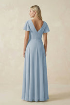 Dusty Blue Chiffon A-Line Bridesmaid Dress with V-Neck Neckline