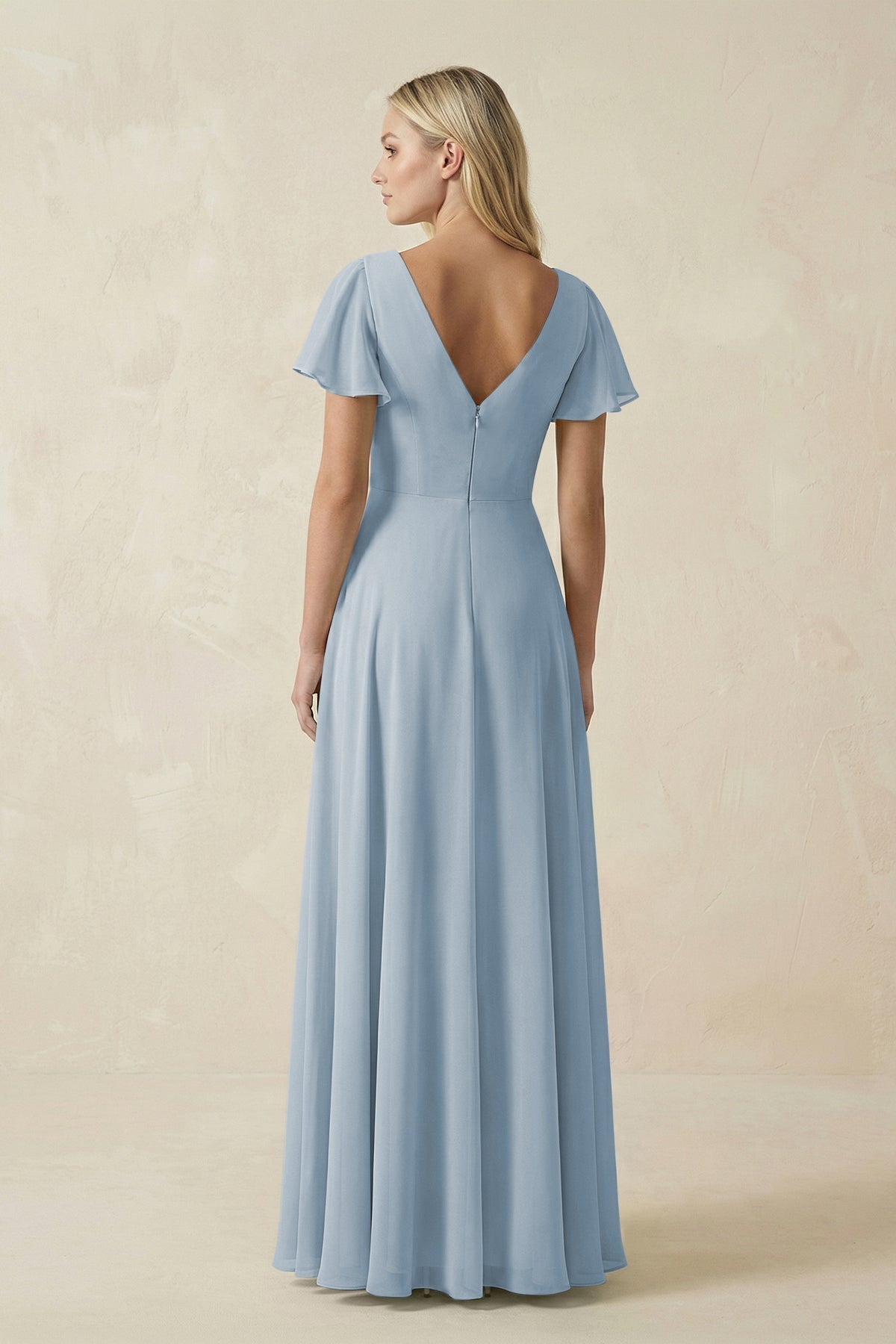 Dusty Blue Chiffon A-Line Bridesmaid Dress with V-Neck Neckline