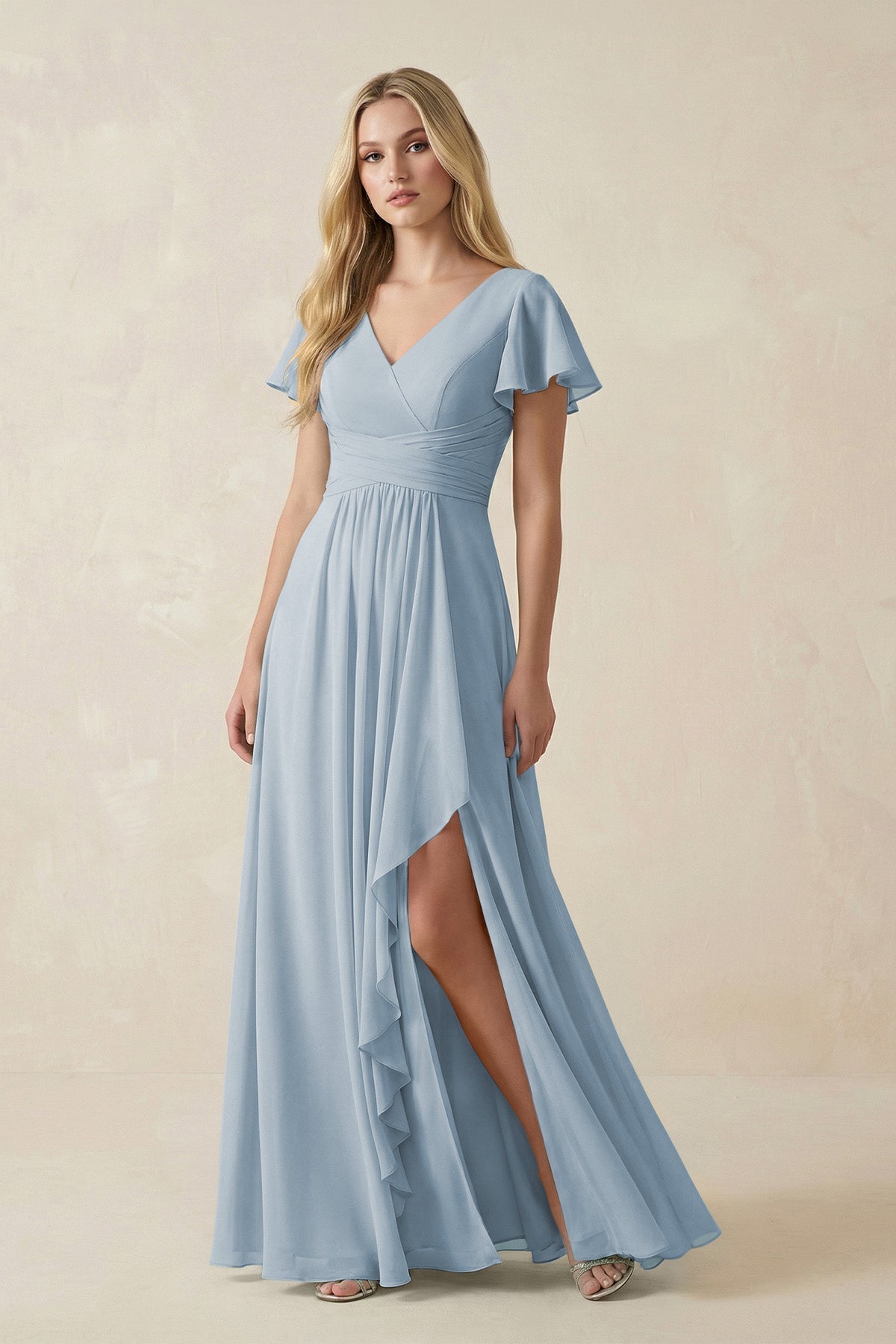 Dusty Blue Chiffon A-Line Bridesmaid Dress with V-Neck Neckline