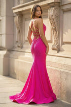 Red Satin Mermaid Evening Dress with Halter Neckline and Floor Length