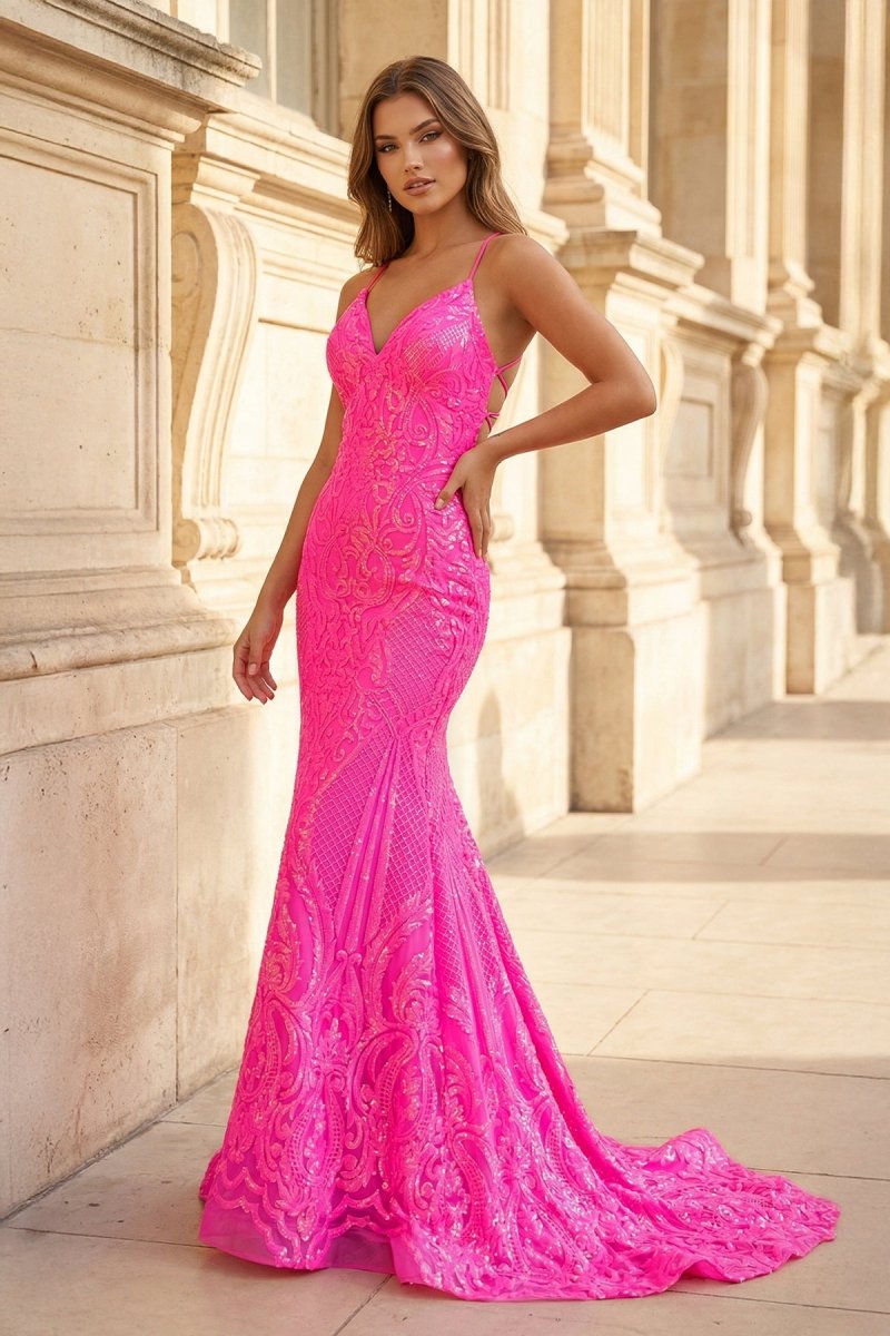 Demetria Pink front view evening dress