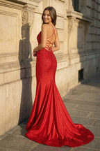 Red Satin Mermaid Evening Dress with Halter Neckline and Floor Length