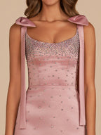 Pink Scoop Neck Satin Short Strapless Homecoming Dress With Bows