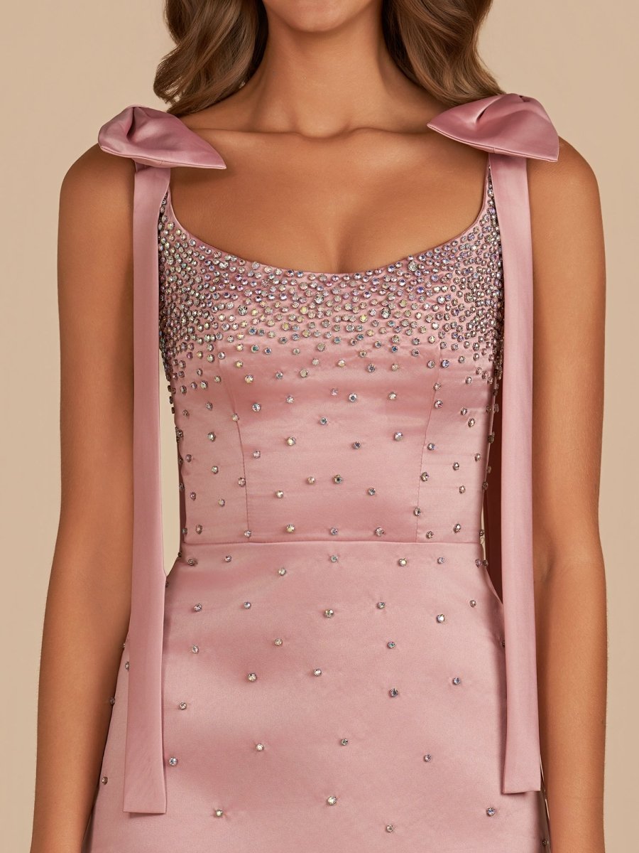 Pink Scoop Neck Satin Short Strapless Homecoming Dress With Bows