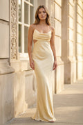 Champagne Spaghetti Straps Mermaid Satin Long Formal Dress