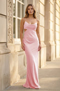 Champagne Spaghetti Straps Mermaid Satin Long Formal Dress