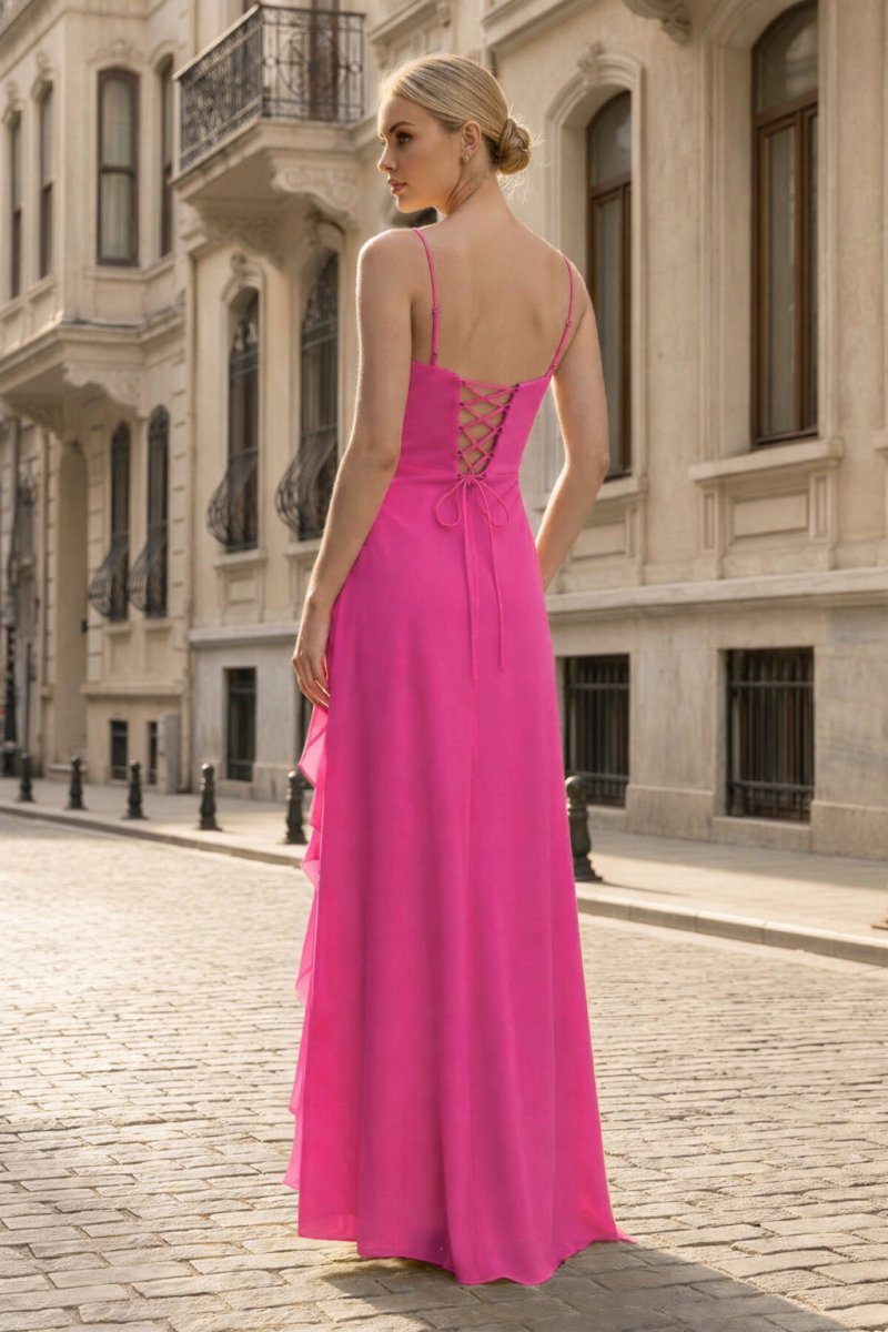 Yellow Chiffon Mermaid Evening Dress with Spaghetti Straps Neckline and Ruffles