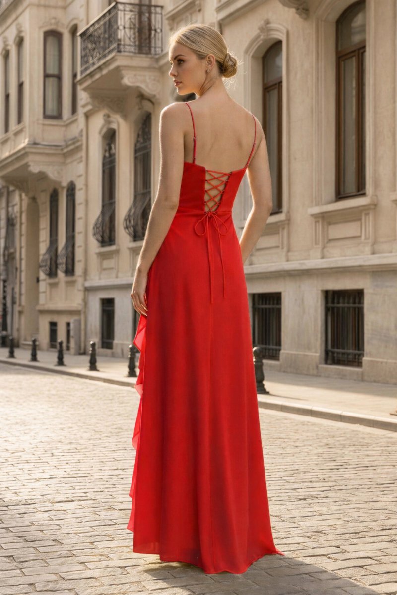 Yellow Chiffon Mermaid Evening Dress with Spaghetti Straps Neckline and Ruffles