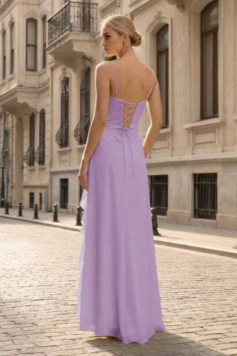 Yellow Chiffon Mermaid Evening Dress with Spaghetti Straps Neckline and Ruffles