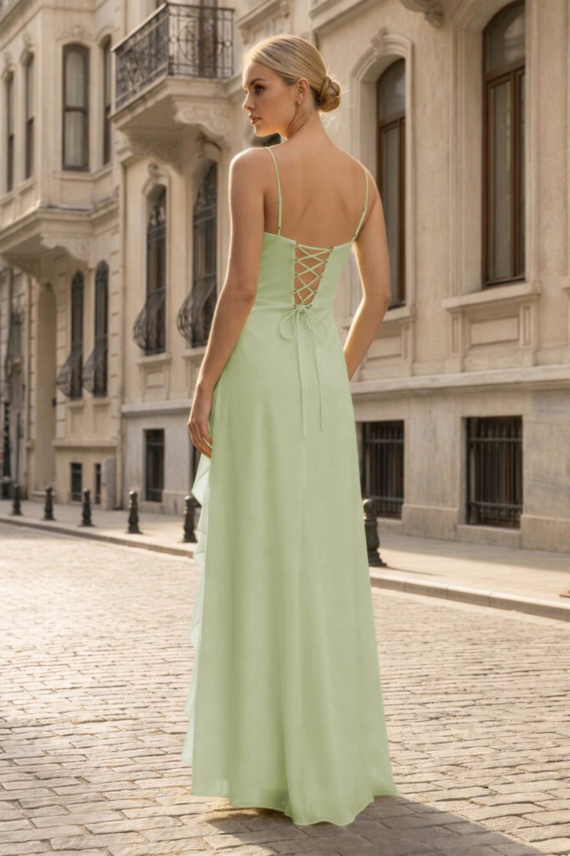 Yellow Chiffon Mermaid Evening Dress with Spaghetti Straps Neckline and Ruffles