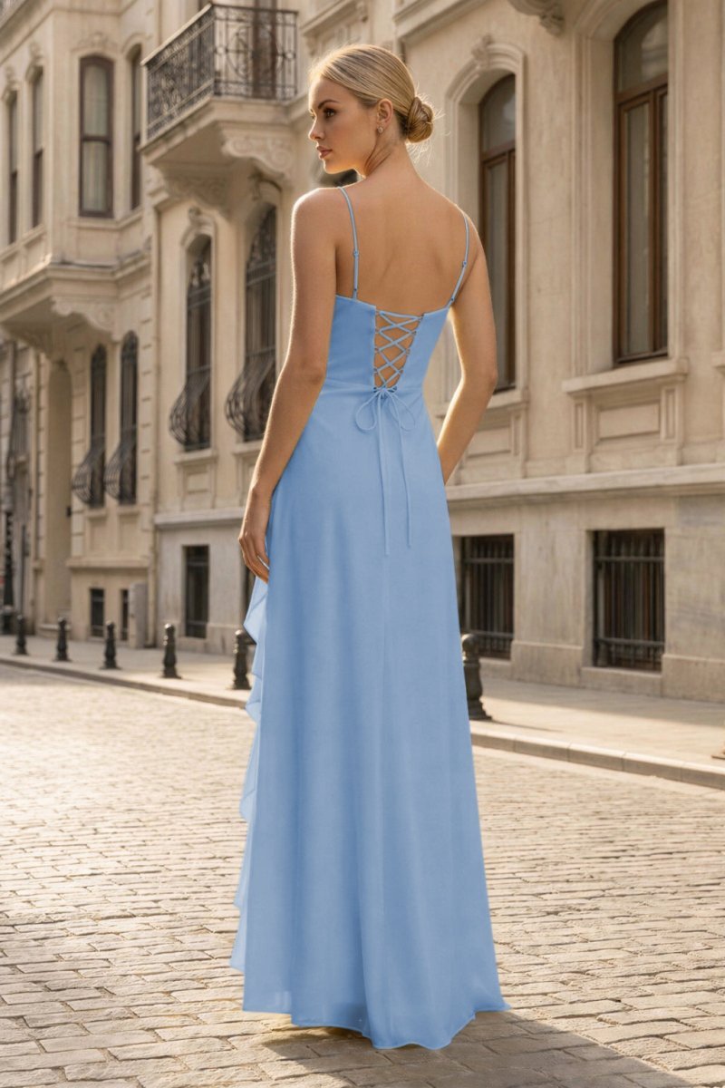 Yellow Chiffon Mermaid Evening Dress with Spaghetti Straps Neckline and Ruffles