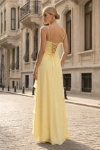 Yellow Chiffon Mermaid Evening Dress with Spaghetti Straps Neckline and Ruffles