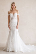 Diamond White Tulle Mermaid Wedding Dress with Strapless Neckline and Appliques