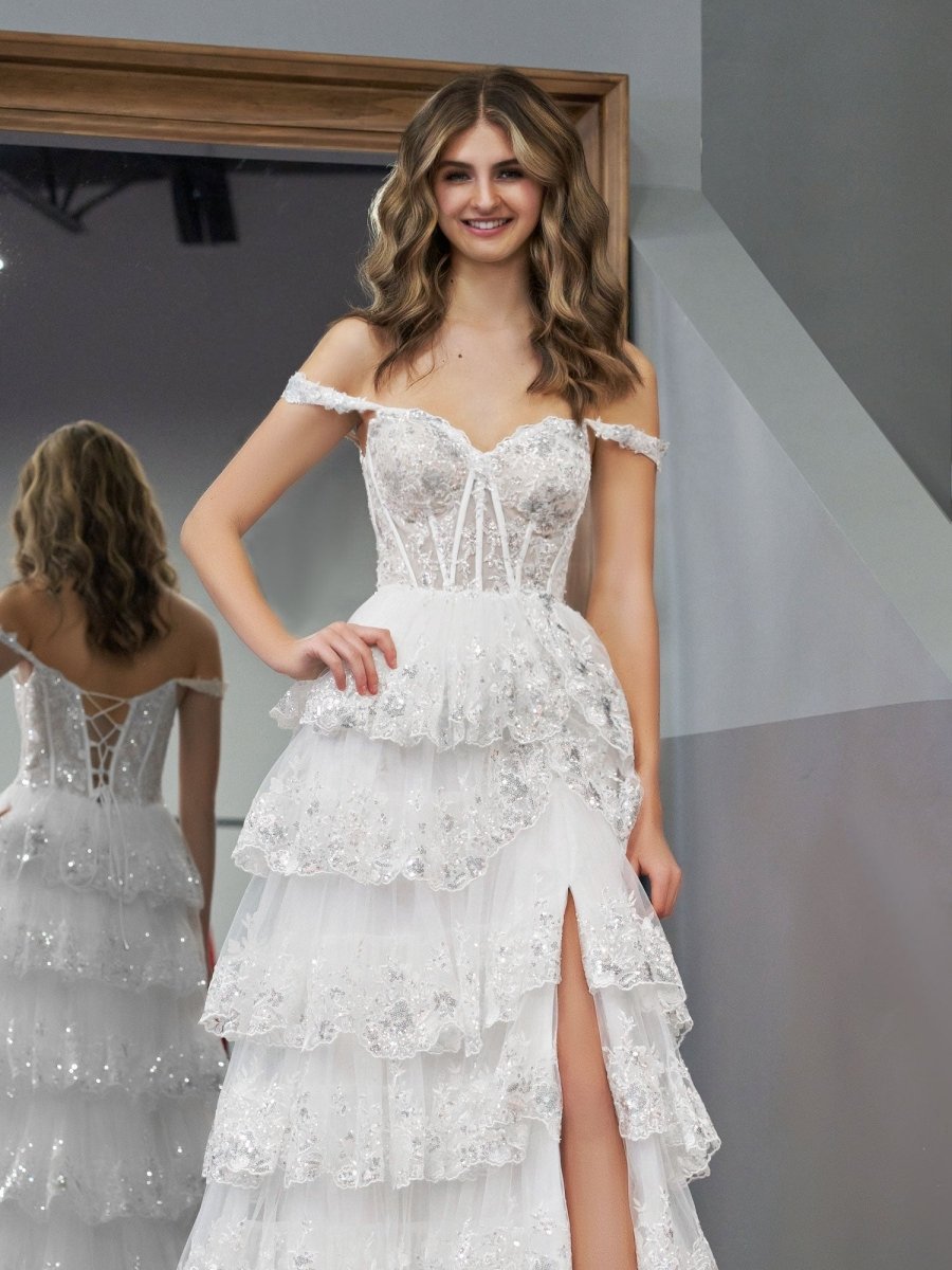 A-Line Lace Off-the-Shoulder Tiered Long Formal Prom Gown with Slit