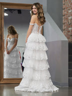 A-Line Lace Off-the-Shoulder Tiered Long Formal Prom Gown with Slit