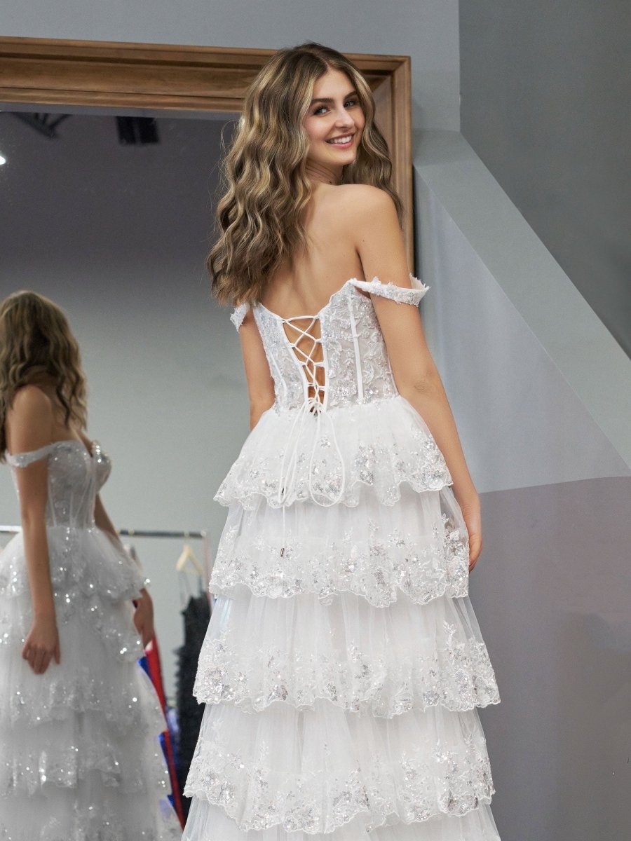 A-Line Lace Off-the-Shoulder Tiered Long Formal Prom Gown with Slit