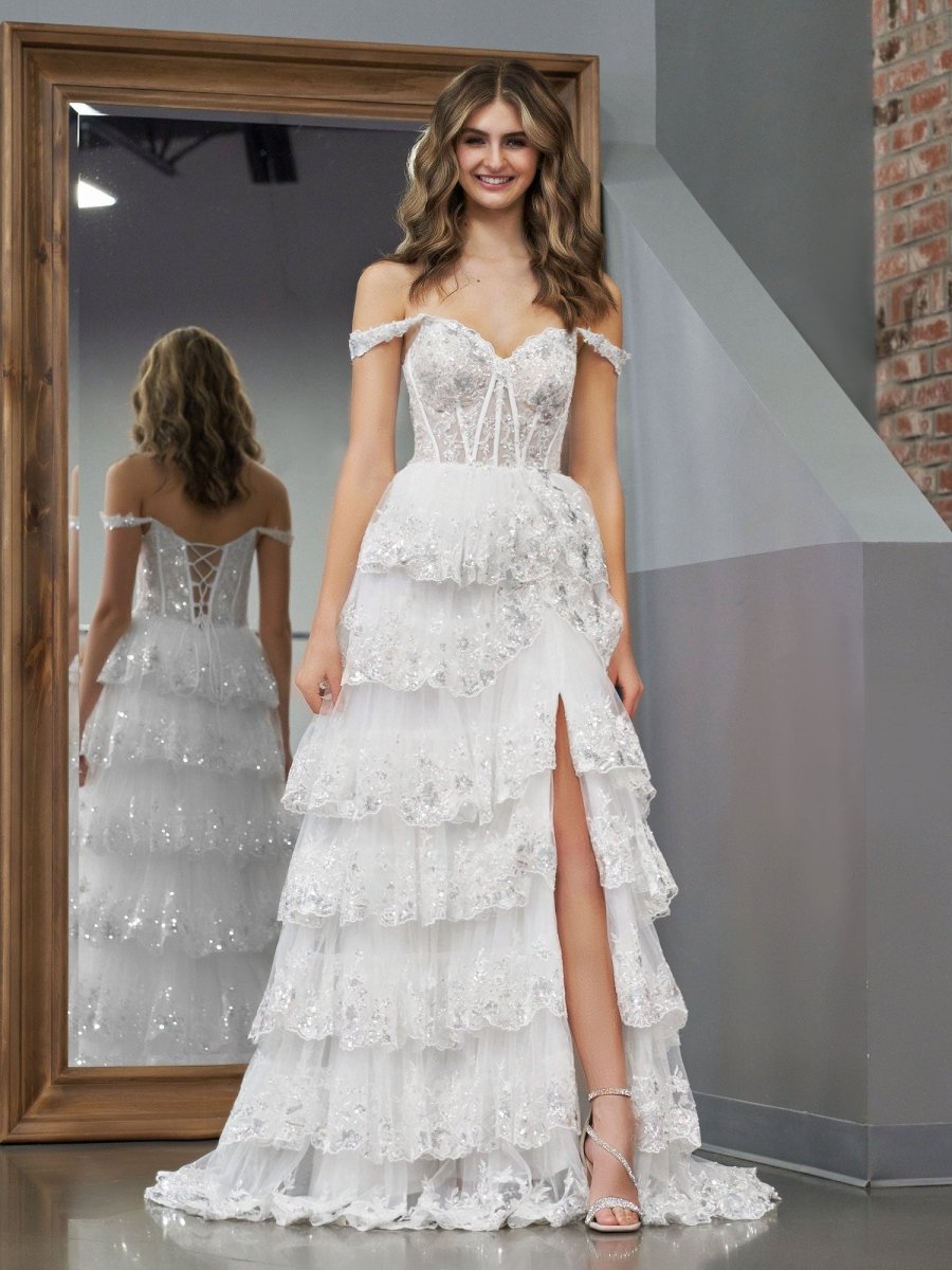 A-Line Lace Off-the-Shoulder Tiered Long Formal Prom Gown with Slit