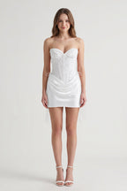 Pink Sweetheart Sheath Corset Ruched Satin Homecoming Dress with Beading