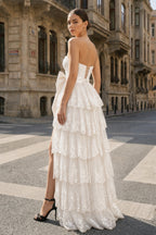 Sweetheart Light Blue Lace Appliques Ruffle Long Formal Gown