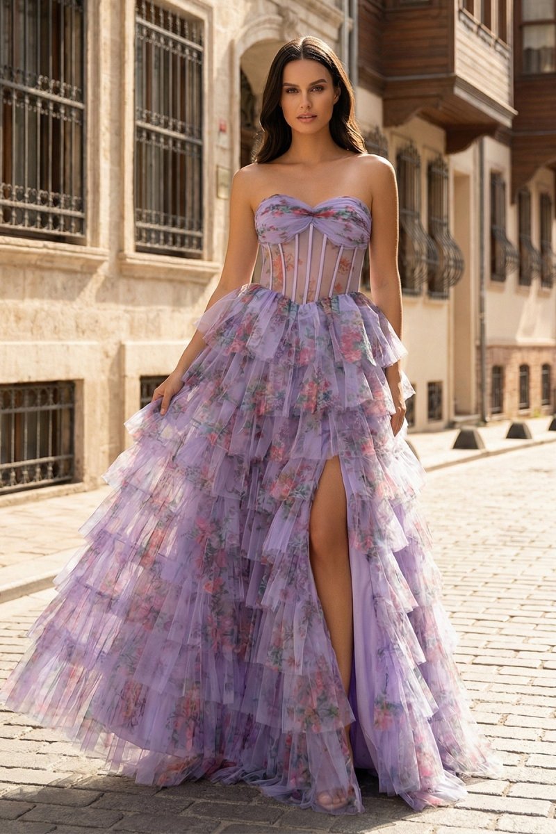 Purple Sweetheart A Line Tulle Printed Ruffle Tiered Formal Prom Gown With Slit