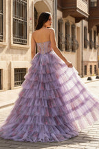 Purple Sweetheart A Line Tulle Printed Ruffle Tiered Formal Prom Gown With Slit