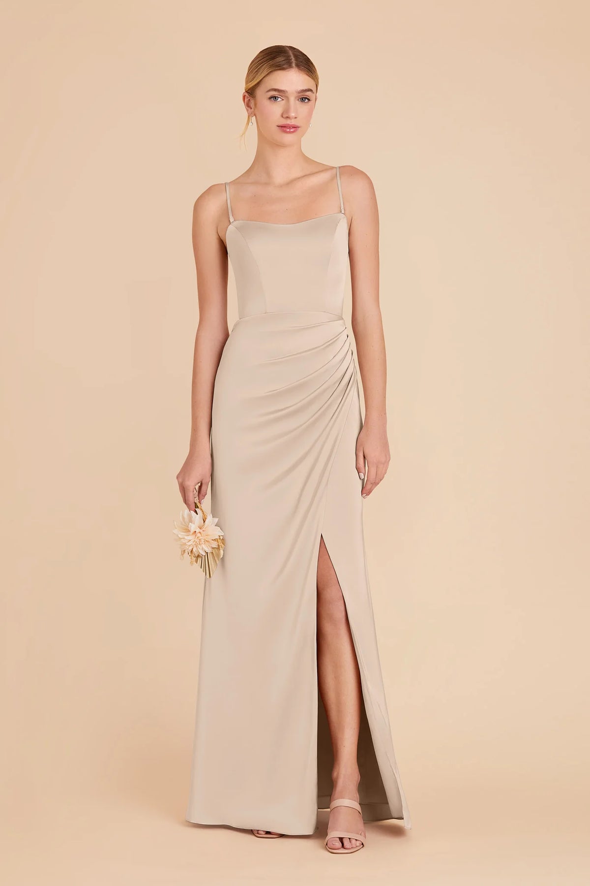 Lucienne Almond front view bridesmaid dress
