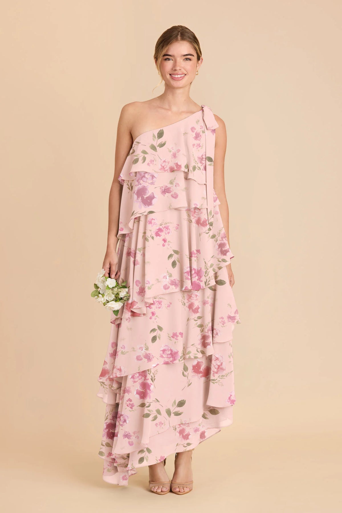 Marisol Blush Pink Rococo Floral front view bridesmaid dress