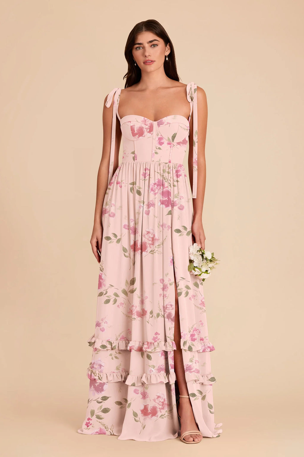 Daphne Blush Pink Rococo Floral front view bridesmaid dress