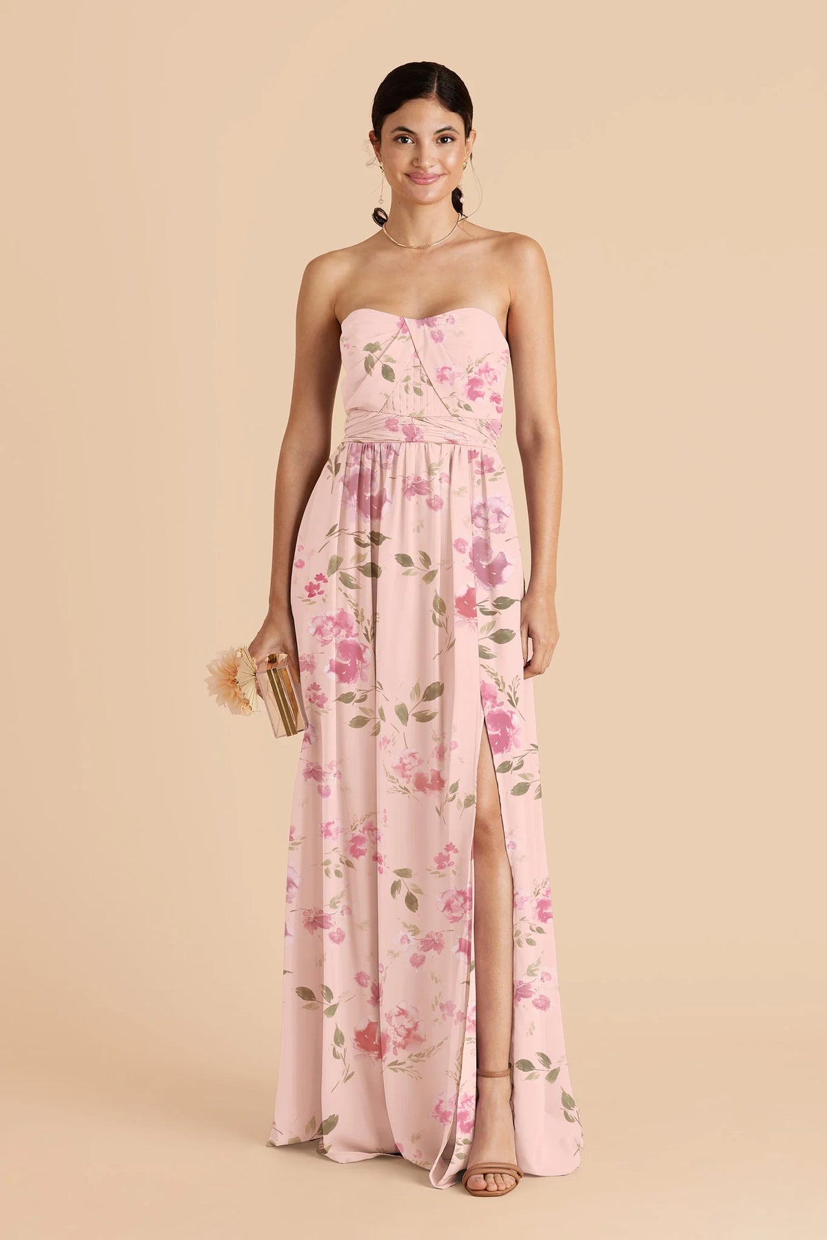 Elodie Blush Pink Rococo Floral front view bridesmaid dress