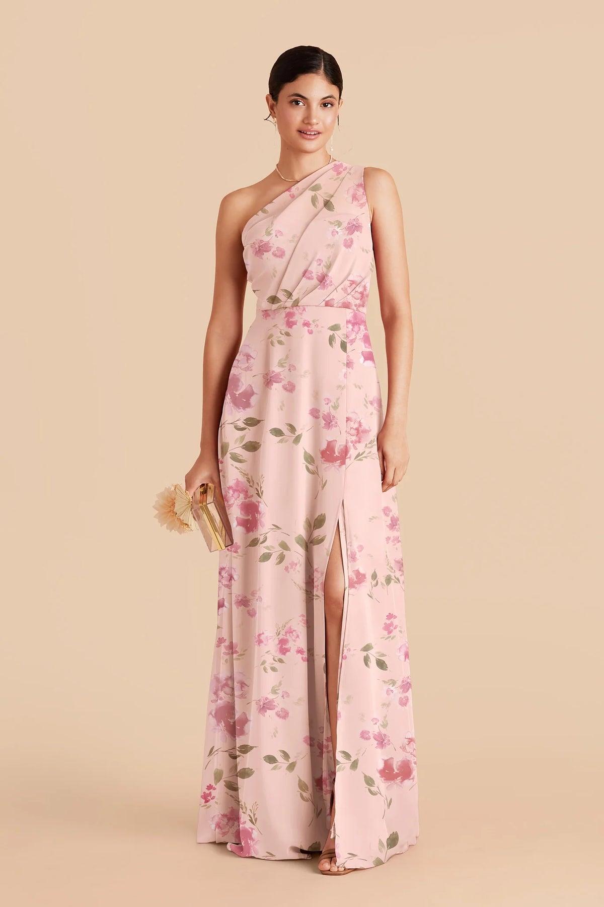 Celine Blush Pink Rococo Floral front view bridesmaid dress