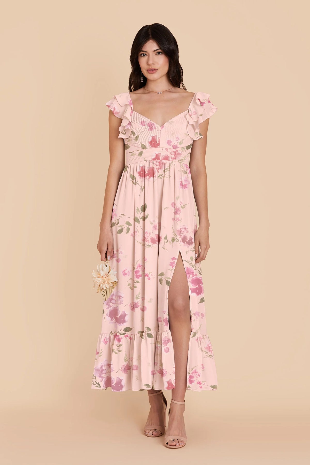 Talia Blush Pink Rococo Floral front view bridesmaid dress