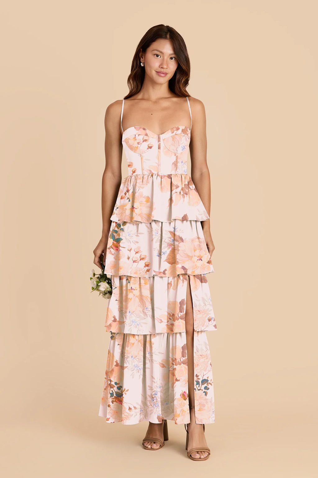 Calista Champagne Cascadia Bouquet front view bridesmaid dress