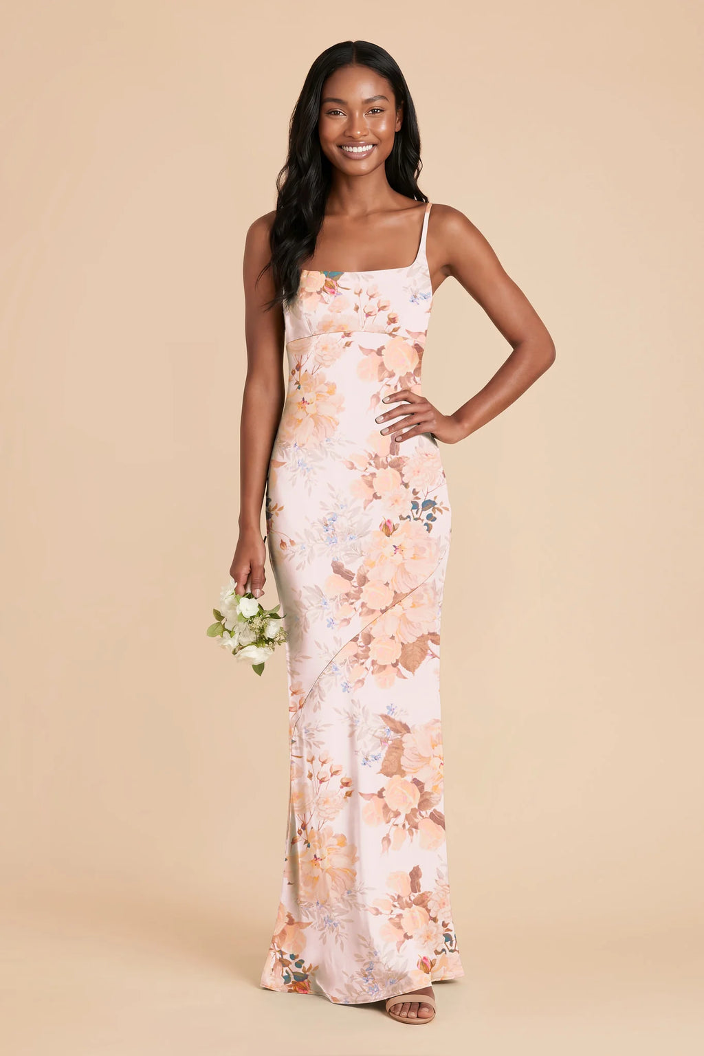 Noelle Champagne Cascadia Bouquet front view bridesmaid dress