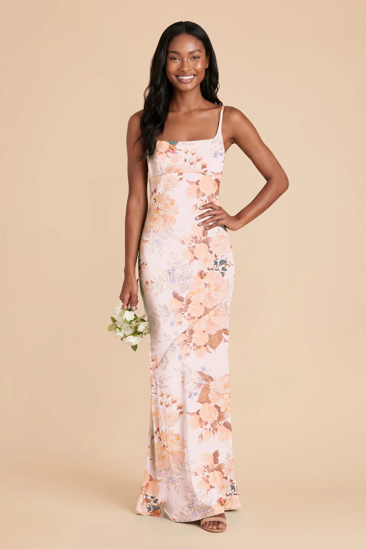 Noelle Champagne Cascadia Bouquet front view bridesmaid dress